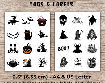 May include: A sheet of 24 printable Halloween tags and labels. The circular designs feature black silhouettes of witches, bats, pumpkins, and skulls. The text reads "2.5" (6.35 cm) • A4 & US Letter" and "Use as gift tags, treat bag labels, party favors, stickers, envelope seals, jar or cup decorations."
