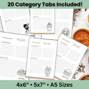 May include: A collection of recipe cards with various food category illustrations, including barbecue, desserts, pastries, drinks, and sandwiches. The cards are available in 4x6", 5x7", and A5 sizes, with 20 category tabs included. Each card has space for ingredients and directions.