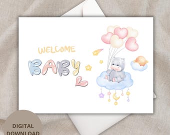 Nijlpaard welkomstbabykaart afdrukbaar, neutrale babyshowergroet, pasgeboren gefeliciteerd, pdf direct downloaden