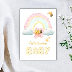 Carte imprimable de bienvenue pour bébé, voeux de baby shower bourdon, PDF pliable 5 x 7 en format, carte pour nouveau-né sans distinction de sexe, Bonjour tout-petit, carte de bébé mignon