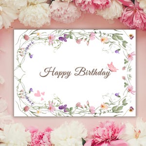 Cartão de aniversário para impressão, cartão floral em aquarela com flores silvestres, elegante dobrável 5 x 7 pol., download digital para entes queridos