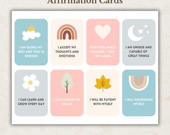48 tarjetas de afirmación imprimibles, notas de autoafirmación para terapia, mazo de mindfulness, tamaño A4 (Carta EE. UU.)