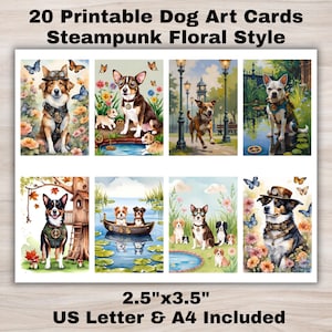 Steampunk Dog ATC ACEO Cards Printable, Floral Puppy Ephemera for Junk Journaling, Vintage Scrapbook Decor pdf Sheets,A4 US Letter,Gift Idea
