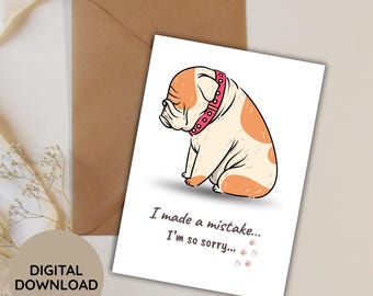 Printable Sorry Card, Bulldog Apology Card, Minimalist Foldable 5 × 7 Download