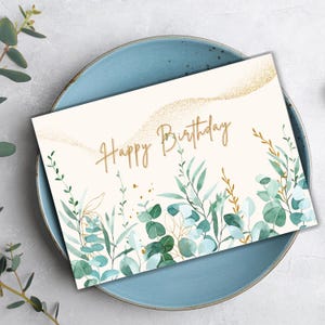 Cartão de aniversário de eucalipto para impressão, saudação minimalista com folhagens em aquarela, design de cartão floral digital, cartão elegante