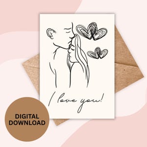 Tarjeta minimalista de "Te amo" imprimible, San Valentín, diseño de pareja con arte lineal, tarjeta romántica para él o ella, tarjeta de felicitación de amor, aniversario (PDF)