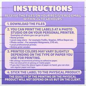 May include: A lavender-colored instruction sheet with white text. The text provides instructions on how to download, print, and apply labels. The instructions include printing options and paper recommendations. The text is in a clear, easy-to-read font.