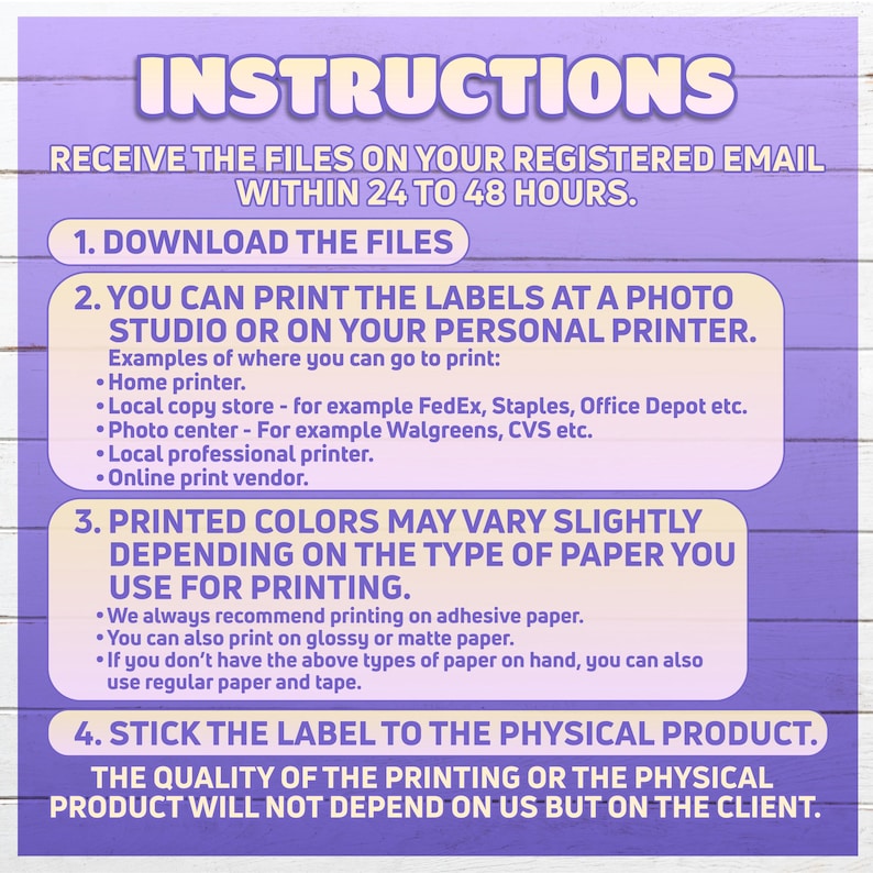 May include: A lavender-colored instruction sheet with white text. The text provides instructions on how to download, print, and apply labels. The instructions include printing options and paper recommendations. The text is in a clear, easy-to-read font.