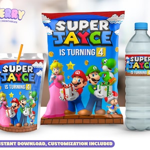 May include: Party supplies featuring a Super Mario theme. Includes a drink cup with a straw, a snack bag, and a water bottle, all decorated with the text "Super Jayce is Turning 4" and images of Mario, Luigi, Princess Peach, and Yoshi.