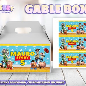 May include: A white gable box with a handle, featuring a colorful design with characters and the text "MAURO STORY 5". The design includes a blue sky background and the words "GABLE BOX" at the top. A sheet of matching labels is also visible.