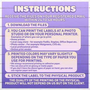May include: A lavender-colored instruction sheet with white text. The text provides instructions on how to download, print, and apply labels. The instructions include printing options and paper recommendations. The text is in a clear, easy-to-read font.