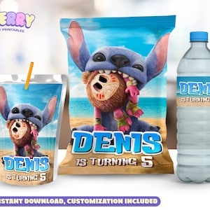 May include: A set of party printables featuring the character Stitch. Includes a juice box, a snack bag, and a water bottle, all with the text "DENIS IS TURNING 5". The design has a beach theme.