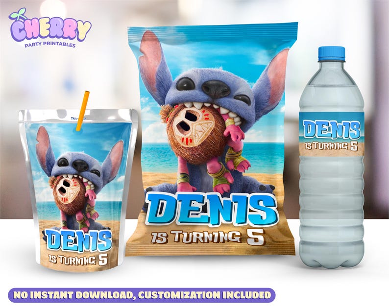 May include: A set of party printables featuring the character Stitch. Includes a juice box, a snack bag, and a water bottle, all with the text "DENIS IS TURNING 5". The design has a beach theme.