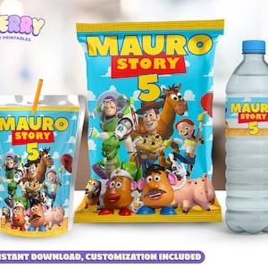 May include: A set of party supplies featuring characters from the animated film "Toy Story." Includes a juice pouch with a straw, a snack bag, and a water bottle, all with the text "MAURO STORY 5."
