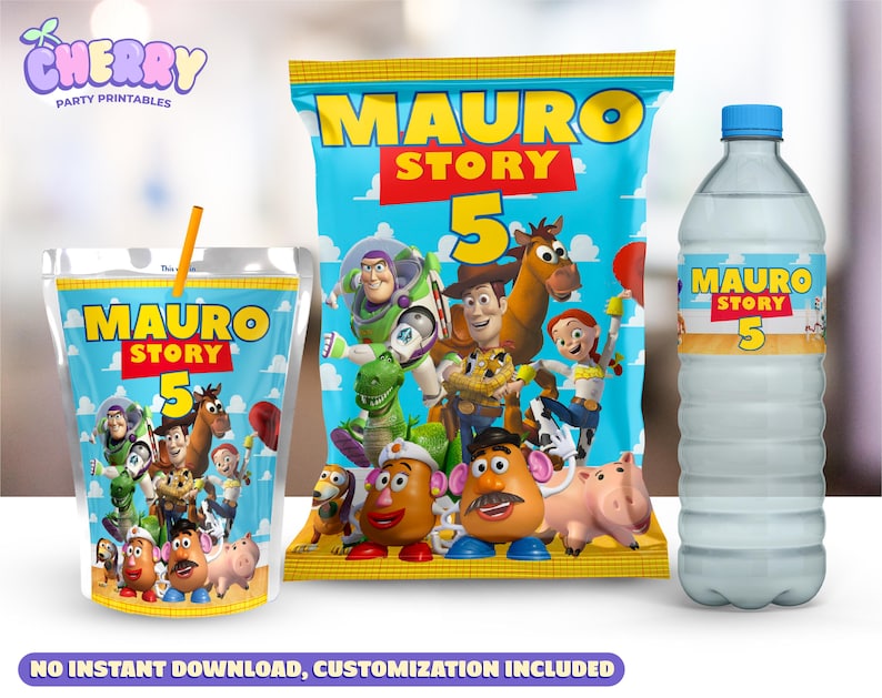 May include: A set of party supplies featuring characters from the animated film "Toy Story." Includes a juice pouch with a straw, a snack bag, and a water bottle, all with the text "MAURO STORY 5."
