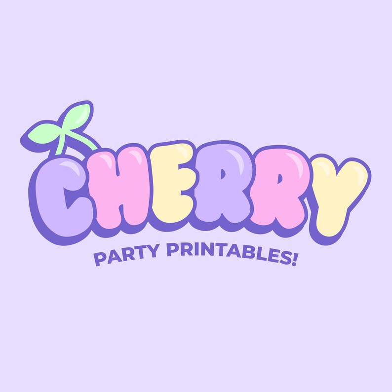 May include: A logo with the word "CHERRY" in bubble letters, colored pink, yellow, and purple, with a cherry graphic. Below the word is the text "PARTY PRINTABLES!" on a light purple background.