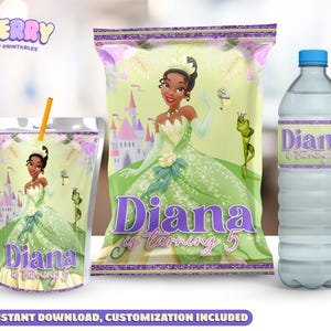 May include: Party supplies featuring a princess theme. The image shows a juice pouch, a snack bag, and a water bottle, all with the name "Diana" and the phrase "is turning 5." The princess is wearing a green gown.