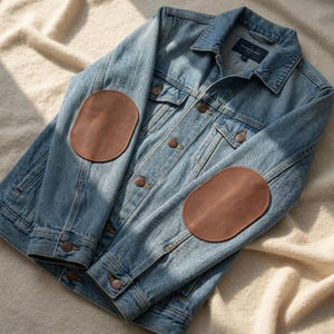 Könnte beinhalten: Eine hellblaue Jeansjacke mit langen Ärmeln, braunen Leder-Ellbogenflicken, einem klassischen Kragen, einer Knopfleiste mit Metallknöpfen und zwei Brusttaschen. Die Jacke ist aus strapazierfähigem Baumwoll-Denim-Stoff gefertigt.