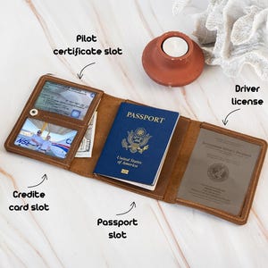 Leather pilot document wallet, Pilot document holder, Pilot license wallet, Personalized pilot wallet, Pilot passport cover, Pilot gifts