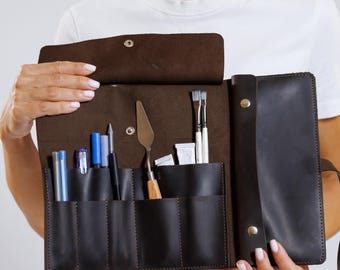 Roll up Mini Pencil Case, Pen Roll, Waxed Canvas and Leather, 12