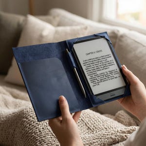 May include: A navy blue leather e-reader case with a matching pen. The e-reader displays text from "Chapter IV: Covers". The case has a pocket on the left side and is held by a person.