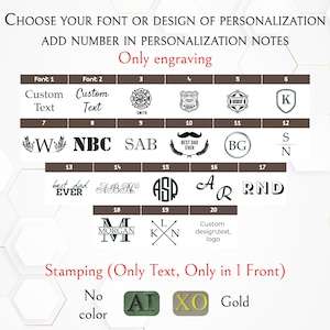 May include: Image showcasing font and design options for personalization, including custom text, initials, and various symbols. The text reads "Choose your font or design of personalization" and "Only engraving."