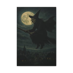 Witch Flying Over Moonlit Village Canvas Wall Art | Gothic Witch Decor Halloween Witch Painting  Luther J. Knox