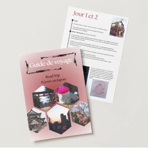 Peut inclure: Un guide de voyage intitulé "Guide de voyage" avec le texte "Road Trip 15 jours au Japon". La couverture présente des images hexagonales de monuments japonais. Une seconde page avec du texte est visible.