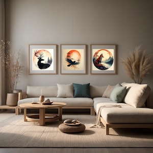 Set of 6 Mystical Animal Prints – Zen Forest Digital Art – Spirit Wildlife