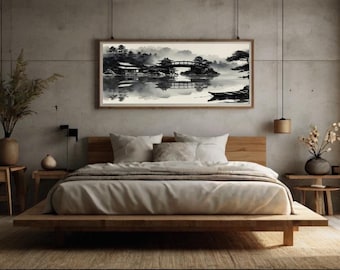 May include: A modern bedroom with a low wooden bed frame, neutral bedding, and a framed black and white landscape painting. The room features a neutral color palette, with a concrete wall and wooden side tables. Decorative vases and plants add to the minimalist aesthetic.