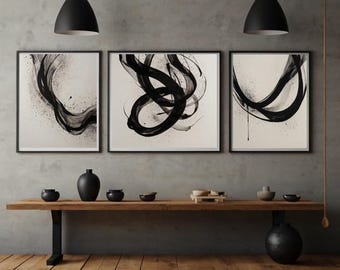 Set of 3 Zen Abstract Calligraphy Prints – Japanese Sumi-e Wall Art – Minimalist Ink Brush Digital Bundle