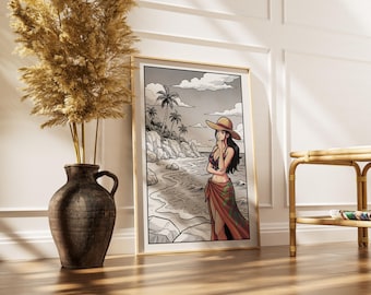 Anime Girl Beach Print, One Piece Robin Poster, Manga Wall Art