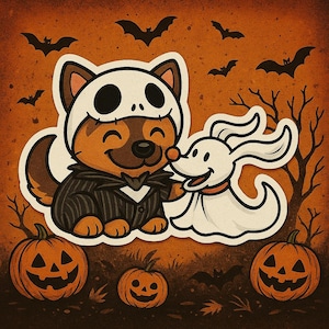 Besties Halloween Sticker – Nightmare Dog & Cat Ghost Duo | Cute Jack Skellington Pet Vinyl Sticker | Spooky Season Sticker Gift