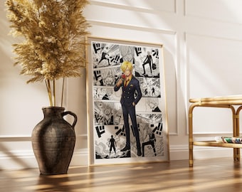 Plakat z mangi One Piece Sanji | Pobierz cyfrowo | Grafika ścienna anime w wysokiej rozdzielczości | Czarno-biały wydruk Sanji