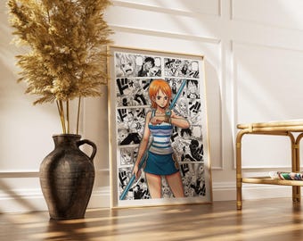 One Piece Nami Manga Panel Poster | Digital Download | High-Resolution Anime Wall Art | Cat Burglar Navigator Black White Print