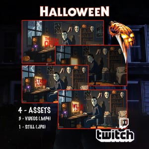 Peut inclure: Illustration numérique pour Halloween, avec plusieurs panneaux montrant un personnage en combinaison bleue et masque blanc. Le mot "HALLOWEEN" est en haut. L'image contient le texte "4 - ASSETS, 3 - VIDEOS (.MP4), 1 - STILL (.JPG)" et un logo Twitch.