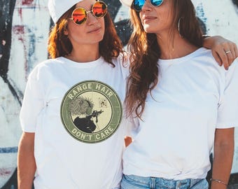 Camiseta "Range Hair Don't Care", divertida para campo de tiro, para amantes de las armas, con gráfico de campo de tiro, para práctica de tiro al blanco para mujer