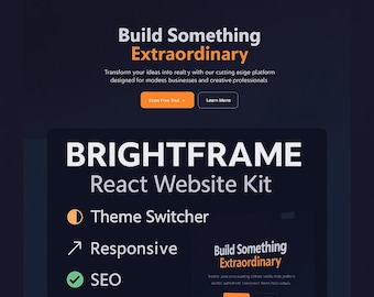 BrightFrame React-webbmall | Modern responsiv webbplats | Tailwind CSS + Vite | Mörkt läge + färgteman | Lätt att redigera