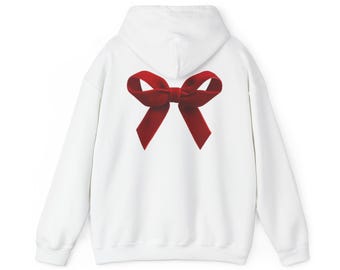 Red Ribbon Row hoodie | White Hoodie with Maroon Bow Back Graphic