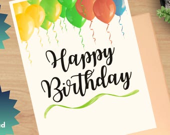 Blank Printable Birthday Greeting Card, Card for Anyone, Generic Blank Card, Foldable Card, Balloons Party, 8.5x11 Folds to Size 4.25 x 5.5