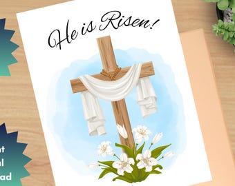 Printable Religious Easter Card for Anyone, He is Risen, 8.5 x 11 Folds to Size 4.25 x 5.5