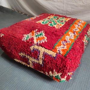 Luxurious Red Vintage Moroccan Kilim Pouf – Handwoven Wool Floor Cushion in Red, Red Boho Decor Pouffe Cover , BeniOurain Pouf