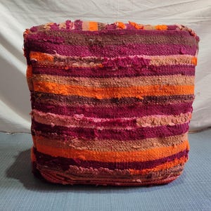 Luxurious Vintage Moroccan Kilim Pouf – Handwoven Wool Floor Cushion in Red, Orange & Purple – Boho Decor Pouffe Cover