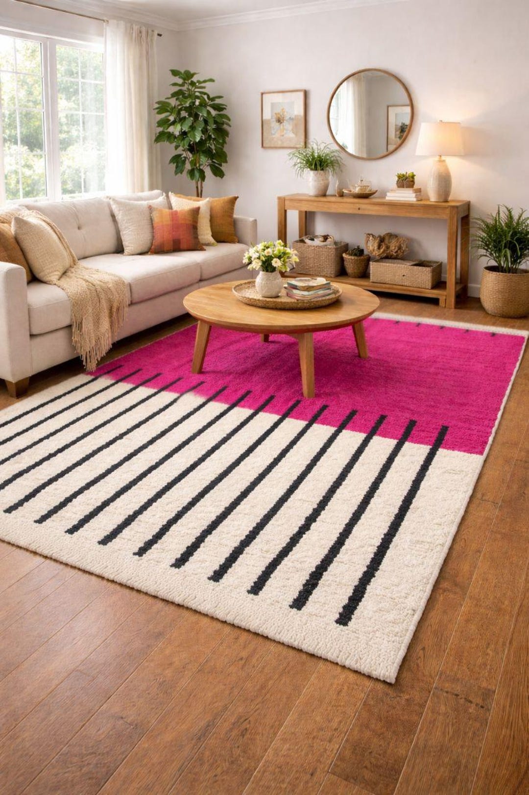Pink Rug Tuftitng Hand Tufted Pink & Cream Area Rug – Modern Geometric Striped Rug ...