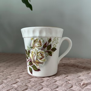 Vintage Crown Staffordshire Bone China Mug: White Rose Floral, Gold Rim
