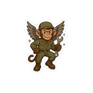 Winged Grease Monkey Kiss-Cut Stickers, Cute Soldier Stickers, Adventurous Monkey Decor, Playful Gift for Kids, Laptop, Car, Water Bottle