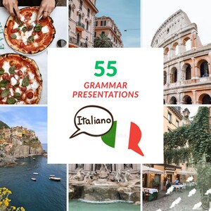 May include: A collage featuring Italian imagery. Includes two pizzas with tomatoes and basil, a building, the Colosseum, a coastal town, a fountain, and a restaurant. The central image has the text "55 GRAMMAR PRESENTATIONS" and "Italiano".