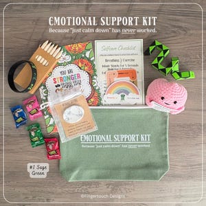 May include: An emotional support kit featuring a sage green canvas pouch with the text EMOTIONAL SUPPORT KIT, a coloring book, a self-care checklist, a breathing exercise card, a pink crochet plush, a green and black snake puzzle, and candies.