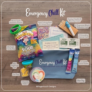 May include: An Emergency Chill Kit containing a blue zippered pouch, a bag of Warheads sour candy, a green wristband, a mini Play-Doh container, yellow earplugs, two Calm drink packets, alcohol pads, colored pencils, and printed cards.