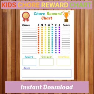 Tabla de recompensas para tareas infantiles imprimible y editable, organizador para padres, descarga instantánea, tabla de tareas motivacionales en tamaño carta y A4.
